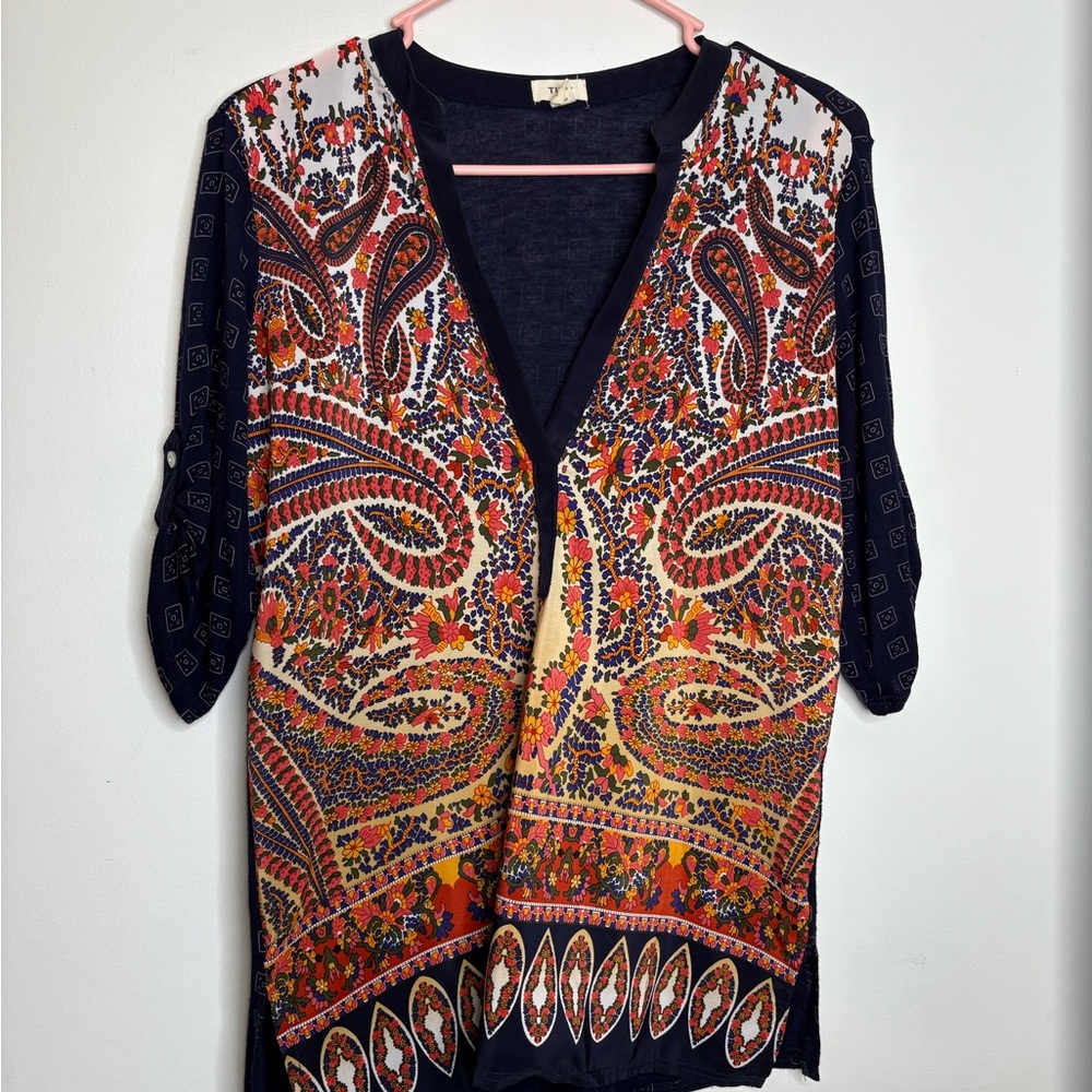 Elegant Paisley Print Blouse - Navy and Red